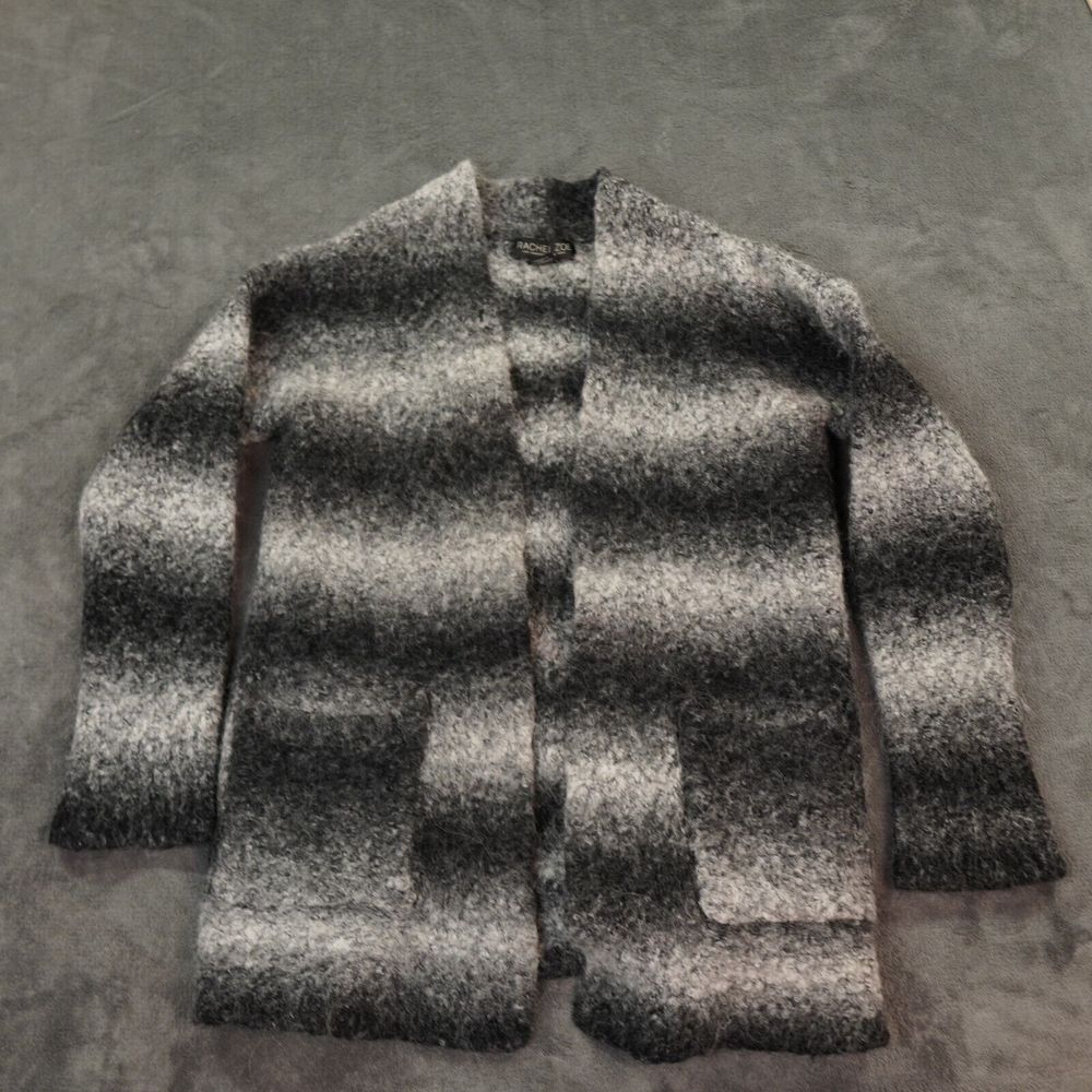 RACHEL Zoe Sweater Womens Medium Gray Wool Alpaca‎ Open Cardigan Striped Fuzzy